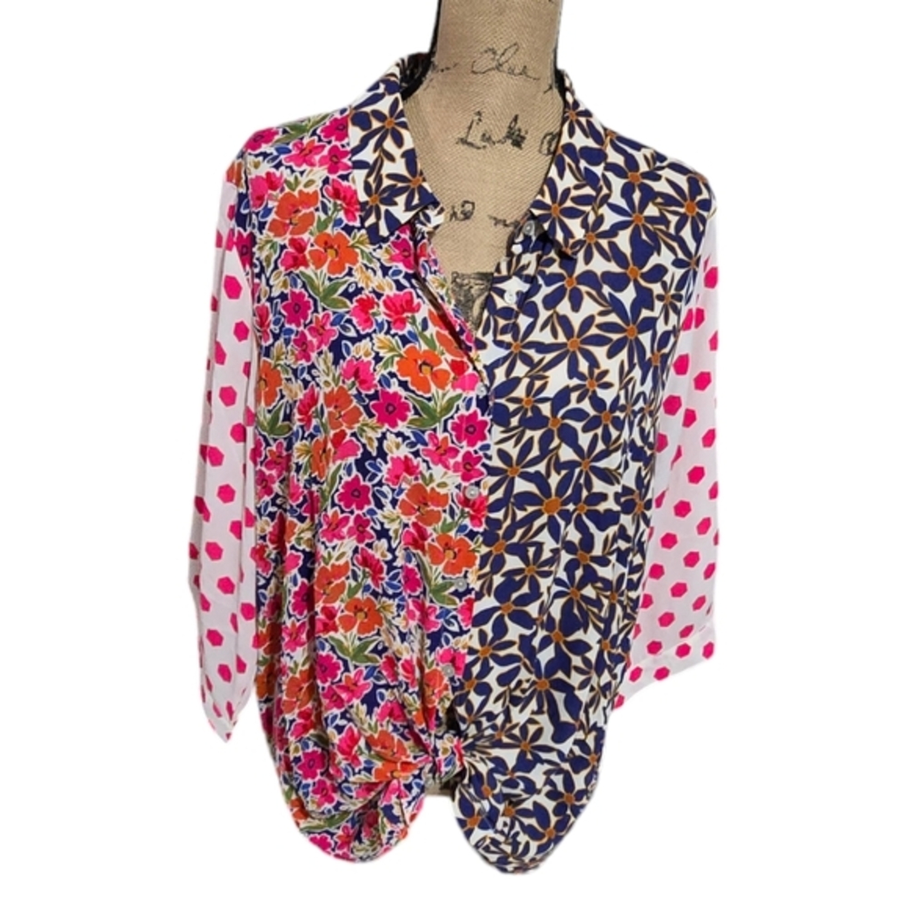 Rose & Olive Mixed Print Floral Leopard Button Down Shirt Patchwork Multicolor